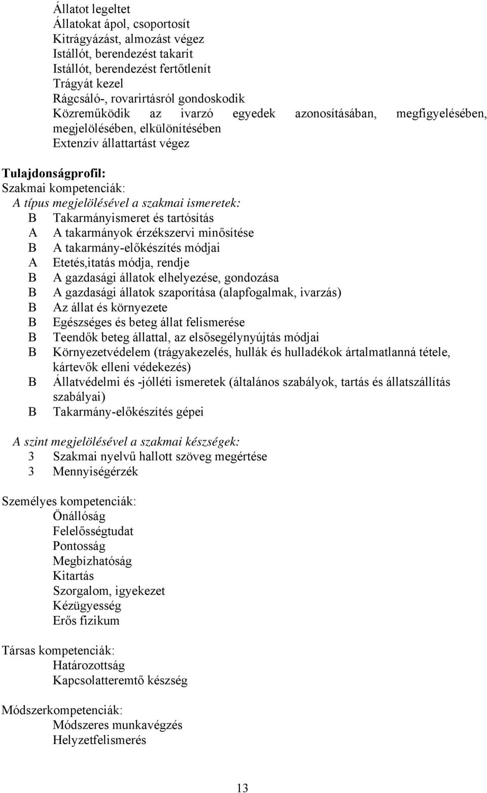 ismeretek: B Takarmányismeret és tartósítás A A takarmányok érzékszervi minősítése B A takarmány-előkészítés módjai A Etetés,itatás módja, rendje B A gazdasági állatok elhelyezése, gondozása B A