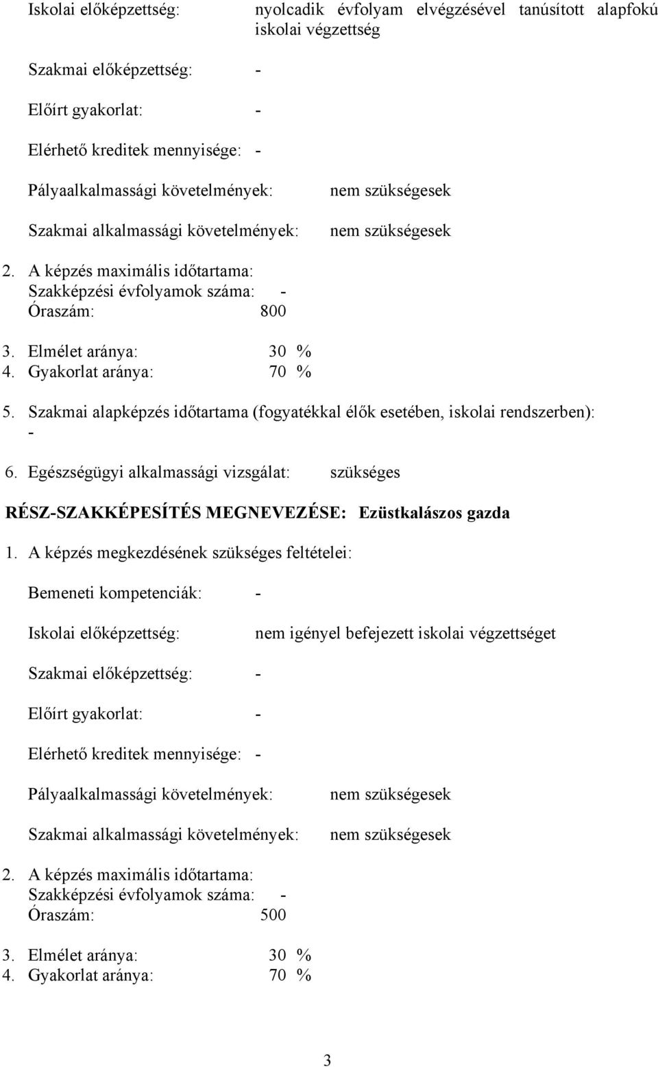 Gyakorlat aránya: 70 % 5. Szakmai alapképzés időtartama (fogyatékkal élők esetében, iskolai rendszerben): - 6.