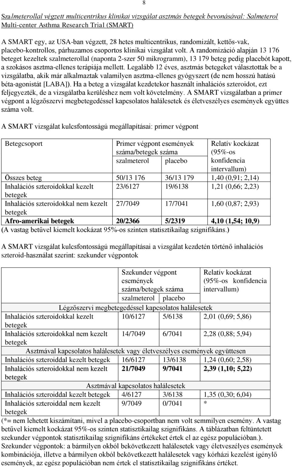 A randomizáció alapján 13 176 beteget kezeltek szalmeterollal (naponta 2-szer 50 mikrogramm), 13 179 beteg pedig placebót kapott, a szokásos asztma-ellenes terápiája mellett.