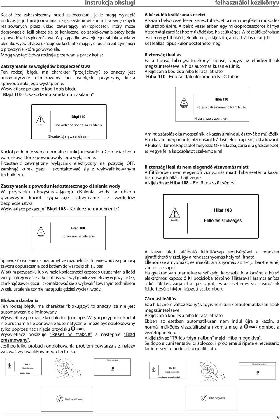 W przypadku awaryjnego zablokowania w okienku wyświetlacza ukazuje się kod, informujący o rodzaju zatrzymania i o przyczynie, która go wywołała.