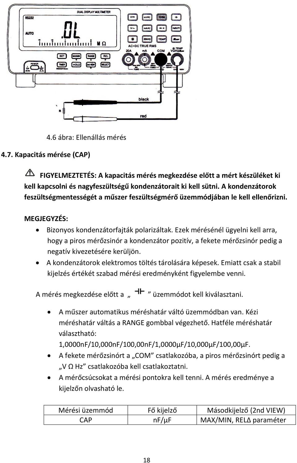 Ezek mérésénél ügyelni kell arra, hogy a piros mérőzsinór a kondenzátor pozitív, a fekete mérőzsinór pedig a negatív kivezetésére kerüljön. A kondenzátorok elektromos töltés tárolására képesek.