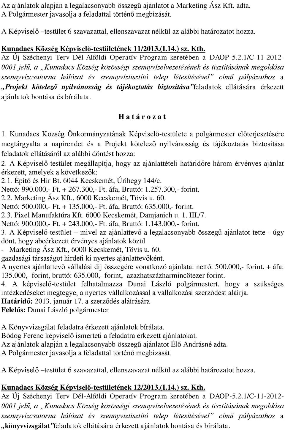 megtárgyalta a napirendet és a Projekt kötelező nyilvánosság és tájékoztatás biztosítása feladatok ellátásáról az alábbi döntést hozza: 2.