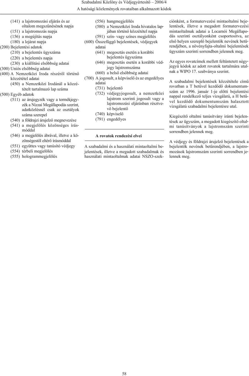 (450) a Nemzetközi Irodánál a közzétételt tartalmazó lap száma (500) Egyéb adatok (511) az árujegyzék vagy a termékjegyzék a Nizzai Megállapodás szerint, adatközlésnél csak az osztályok száma