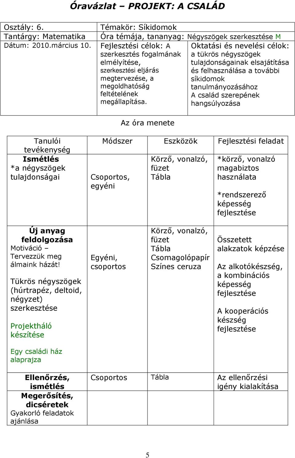 megtervezése, a síkidomok megoldhatóság tanulmányozásához feltételének A család szerepének megállapítása.