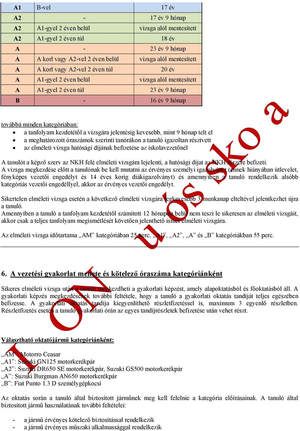 kevesebb, mint 9 hónap telt el a meghatározott óraszámok szerinti tanórákon a tanuló igazoltan résztvett az elméleti vizsga hatósági díjának befizetése az iskolavezetőnél A tanulót a képző szerv az