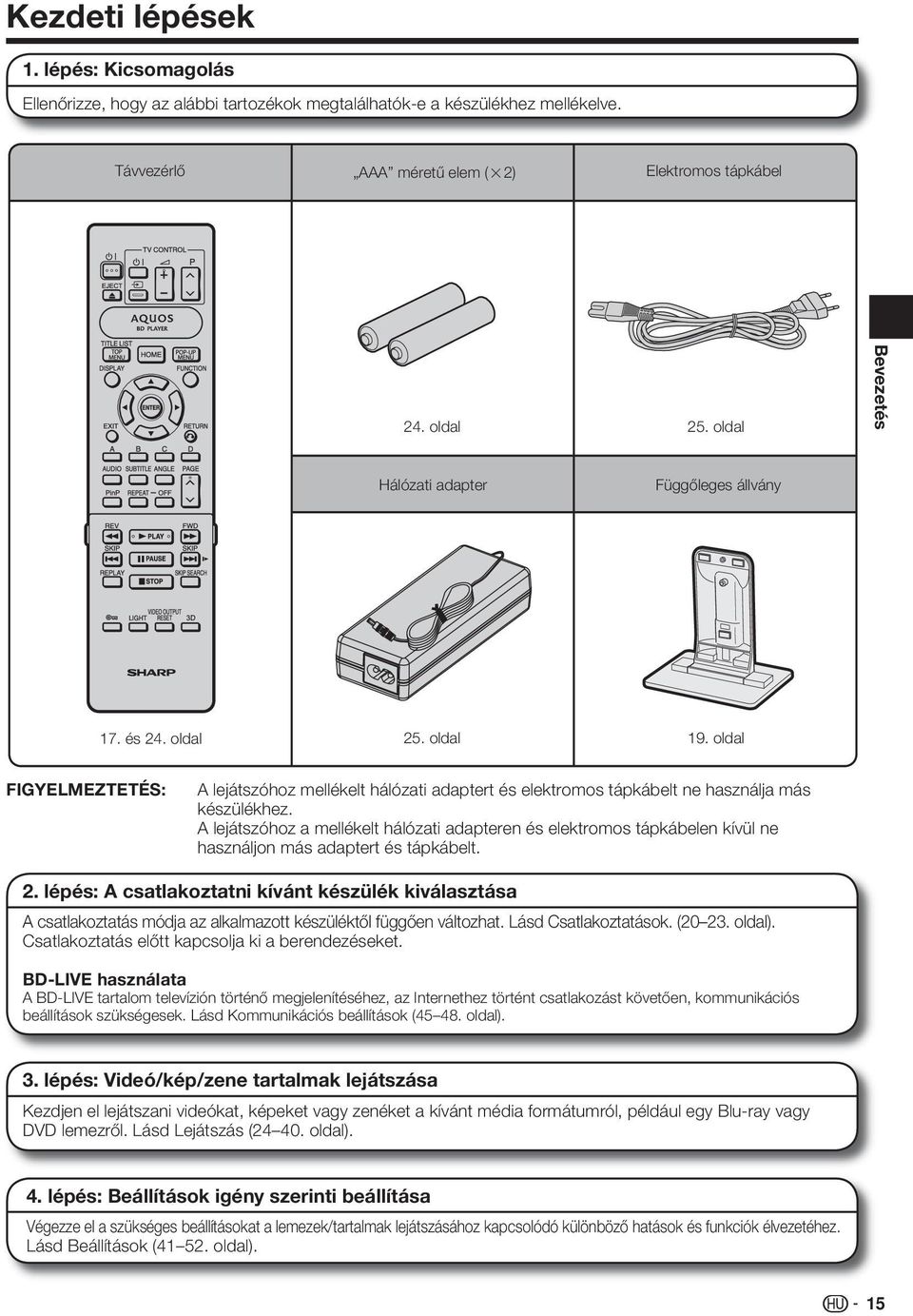 A lejátszóhoz a mellékelt hálózati adapteren és elektromos tápkábelen kívül ne használjon más adaptert és tápkábelt.