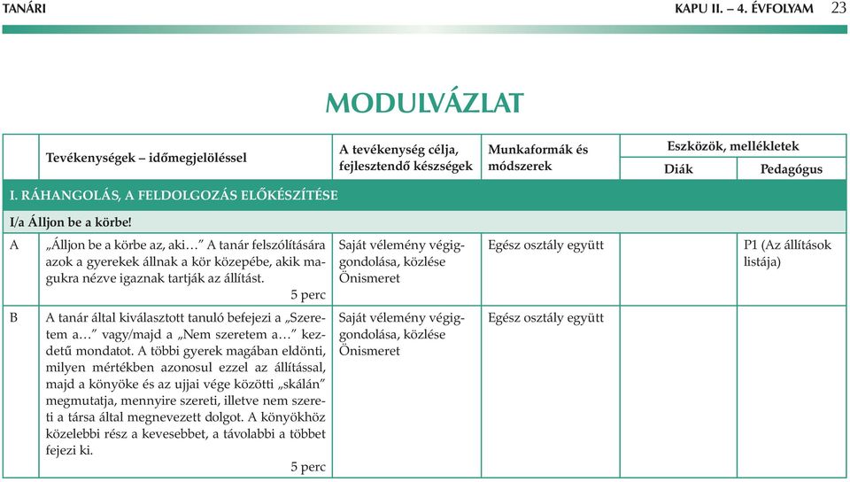 Saját vélemény végiggondolása, közlése P1 (z állítások listája) tanár által kiválasztott tanuló befejezi a Szeretem a vagy/majd a Nem szeretem a kezdetű mondatot.