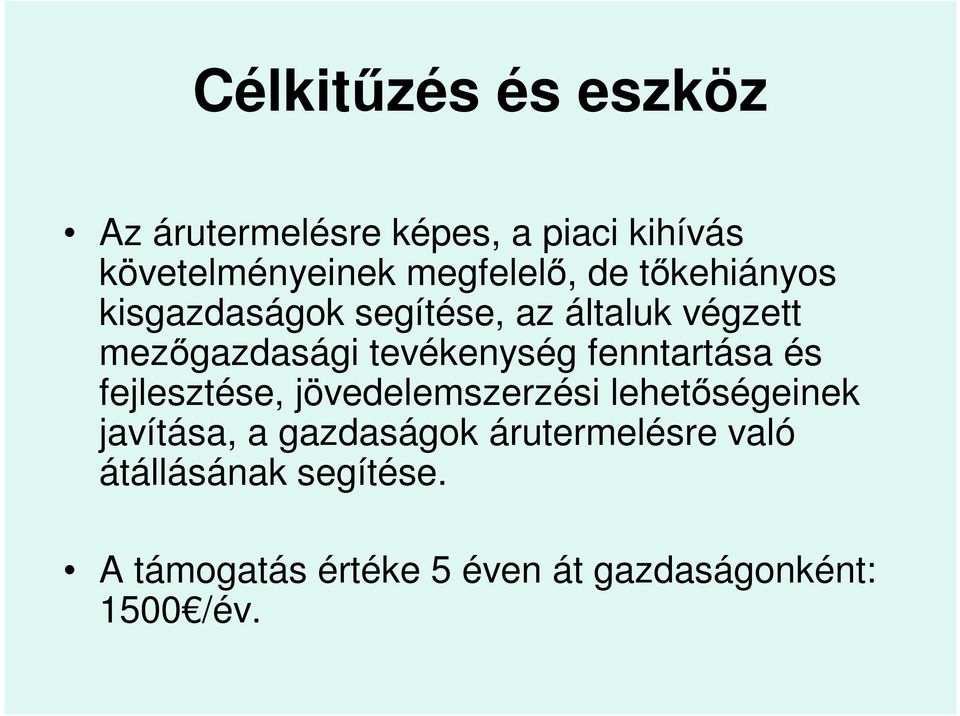 tevékenység fenntartása és fejlesztése, jövedelemszerzési lehetőségeinek javítása, a