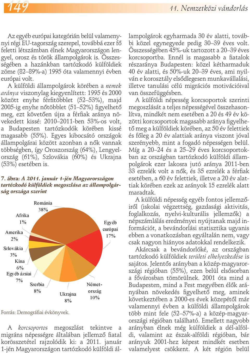 A külföldi állampolgárok körében a nemek aránya viszonylag kiegyenlített: 1995 és 2000 között enyhe férfitöbblet (52 53%), majd 2005-ig enyhe nőtöbblet (51 52%) figyelhető meg, ezt követően újra a