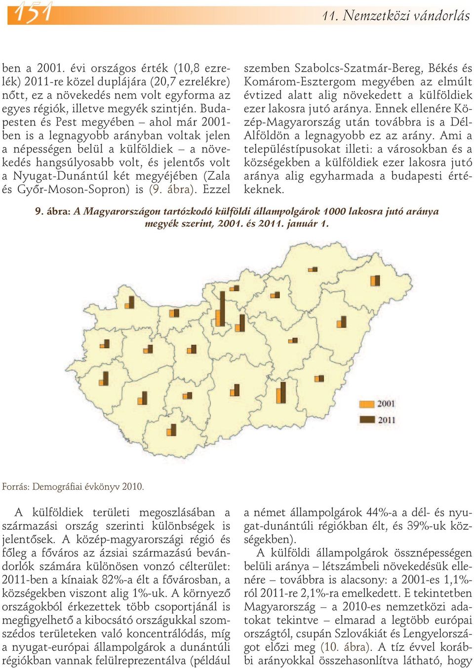 (Zala és Győr-Moson-Sopron) is (9. ábra). Ezzel szemben Szabolcs-Szatmár-Bereg, Békés és Komárom-Esztergom megyében az elmúlt évtized alatt alig növekedett a külföldiek ezer lakosra jutó aránya.