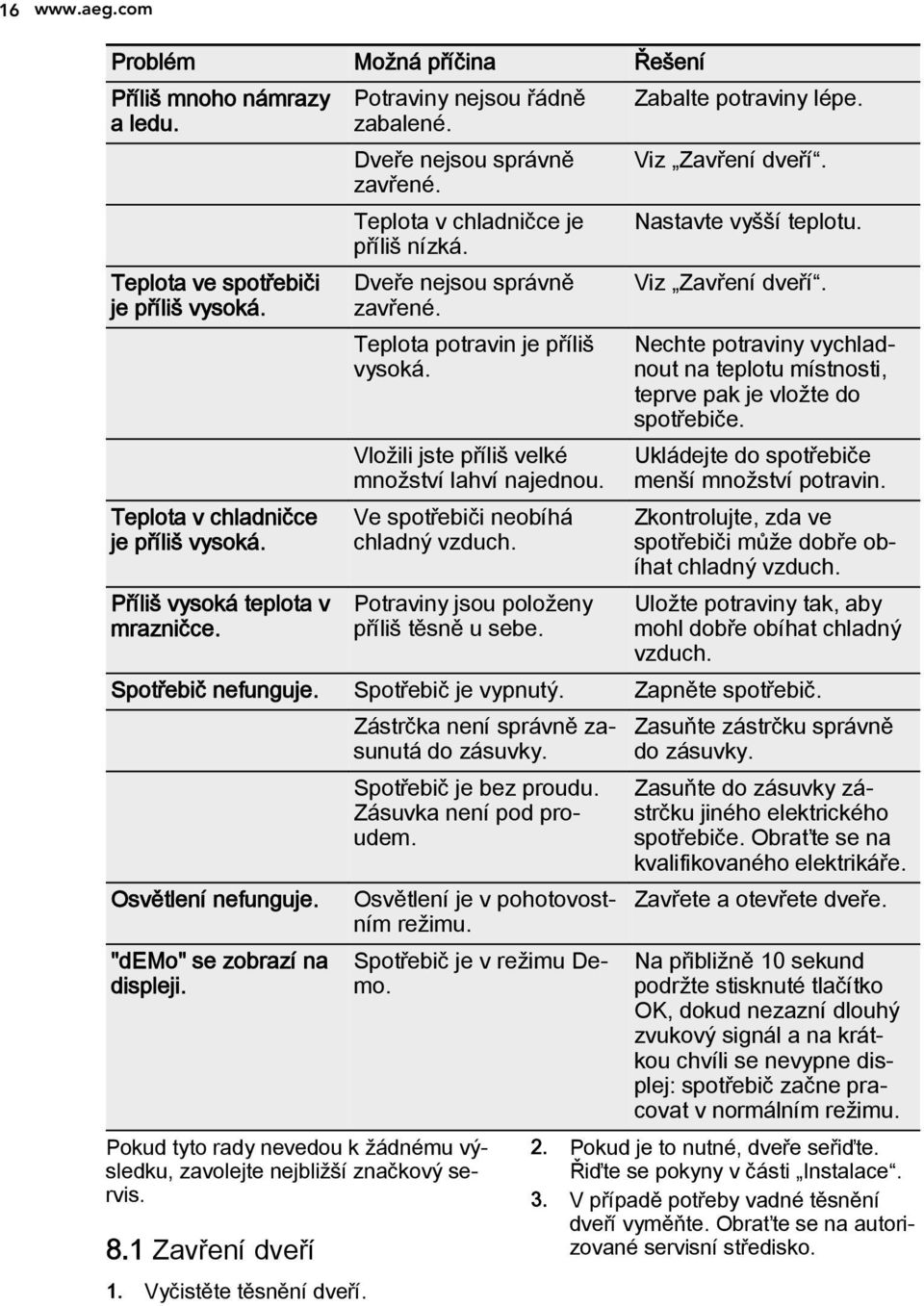 Dveře nejsou správně zavřené. Teplota potravin je příliš vysoká. Vložili jste příliš velké množství lahví najednou. Ve spotřebiči neobíhá chladný vzduch. Potraviny jsou položeny příliš těsně u sebe.