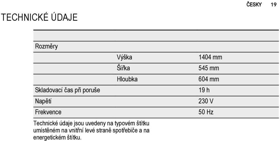 Frekvence 50 Hz Technické údaje jsou uvedeny na typovém štítku