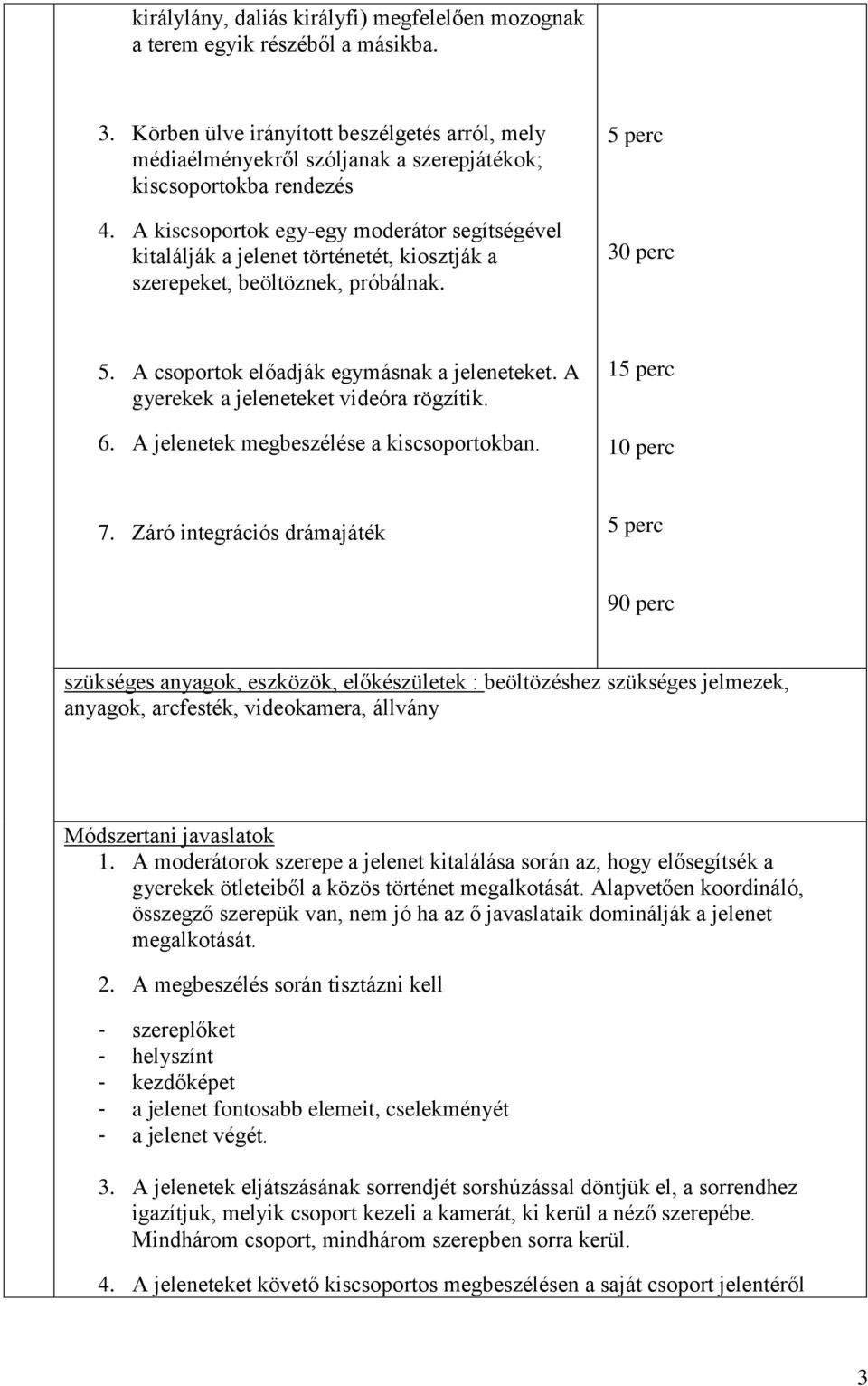 A kiscsoportok egy-egy moderátor segítségével kitalálják a jelenet történetét, kiosztják a szerepeket, beöltöznek, próbálnak. 30 perc 5. A csoportok előadják egymásnak a jeleneteket.