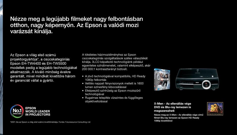 A kiváló minőség évekre garantált, mivel mindkét kivetítőre három év garanciát vállal a gyártó. *2001 óta az Epson a világ első számú kivetítőmárkája.