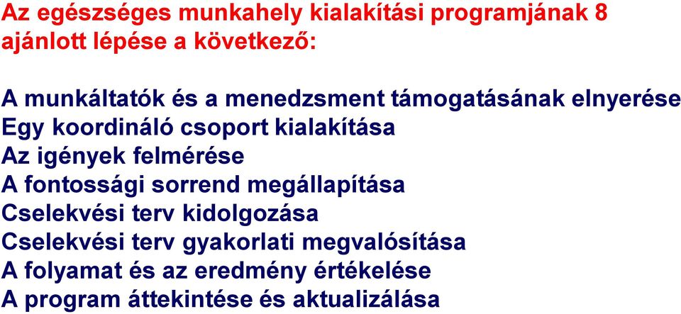 igények felmérése A fontossági sorrend megállapítása Cselekvési terv kidolgozása Cselekvési