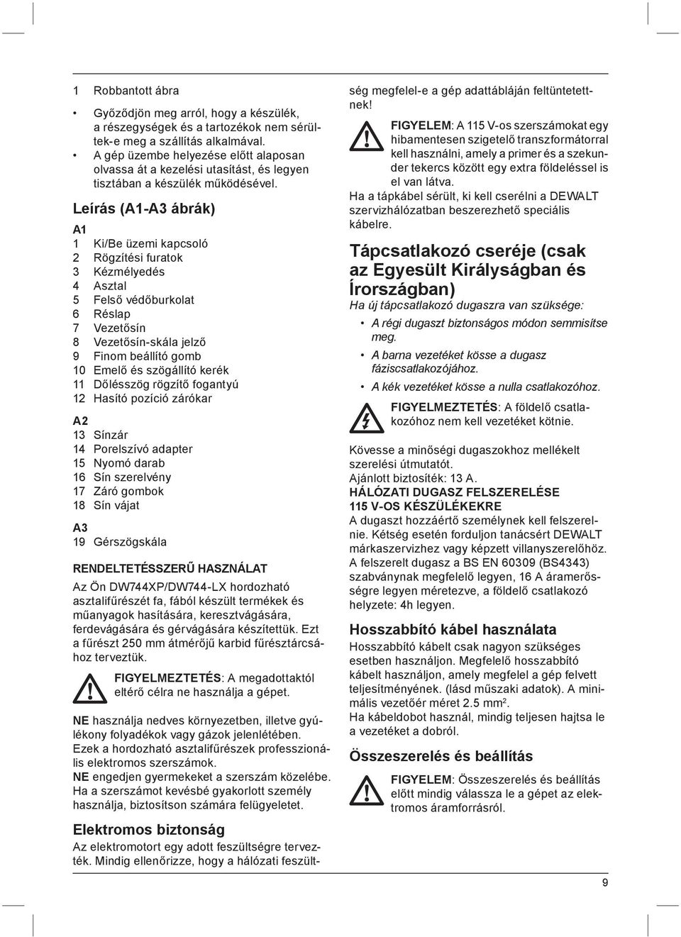 Leírás (A1-A3 ábrák) A1 1 Ki/Be üzemi kapcsoló 2 Rögzítési furatok 3 Kézmélyedés 4 Asztal 5 Felső védőburkolat 6 Réslap 7 Vezetősín 8 Vezetősín-skála jelző 9 Finom beállító gomb 10 Emelő és