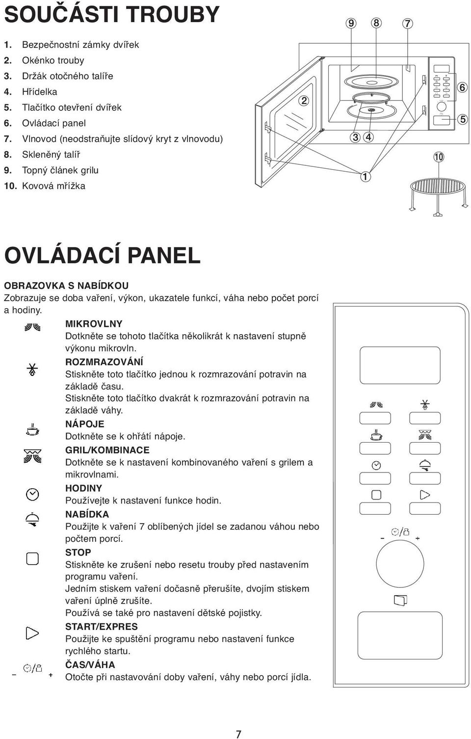 MIKROVLNY Dotkněte se tohoto tlačítka několikrát k nastavení stupně výkonu mikrovln. ROZMRAZOVÁNÍ Stiskněte toto tlačítko jednou k rozmrazování potravin na základě času.