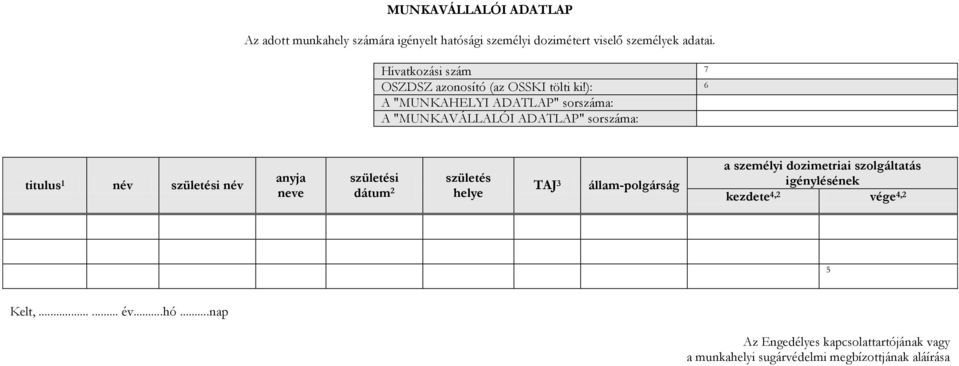 ): 6 A "MUNKAHELYI ADATLAP" sorszáma: A "MUNKAVÁLLALÓI ADATLAP" sorszáma: titulus 1 név születési név anyja neve születési dátum 2