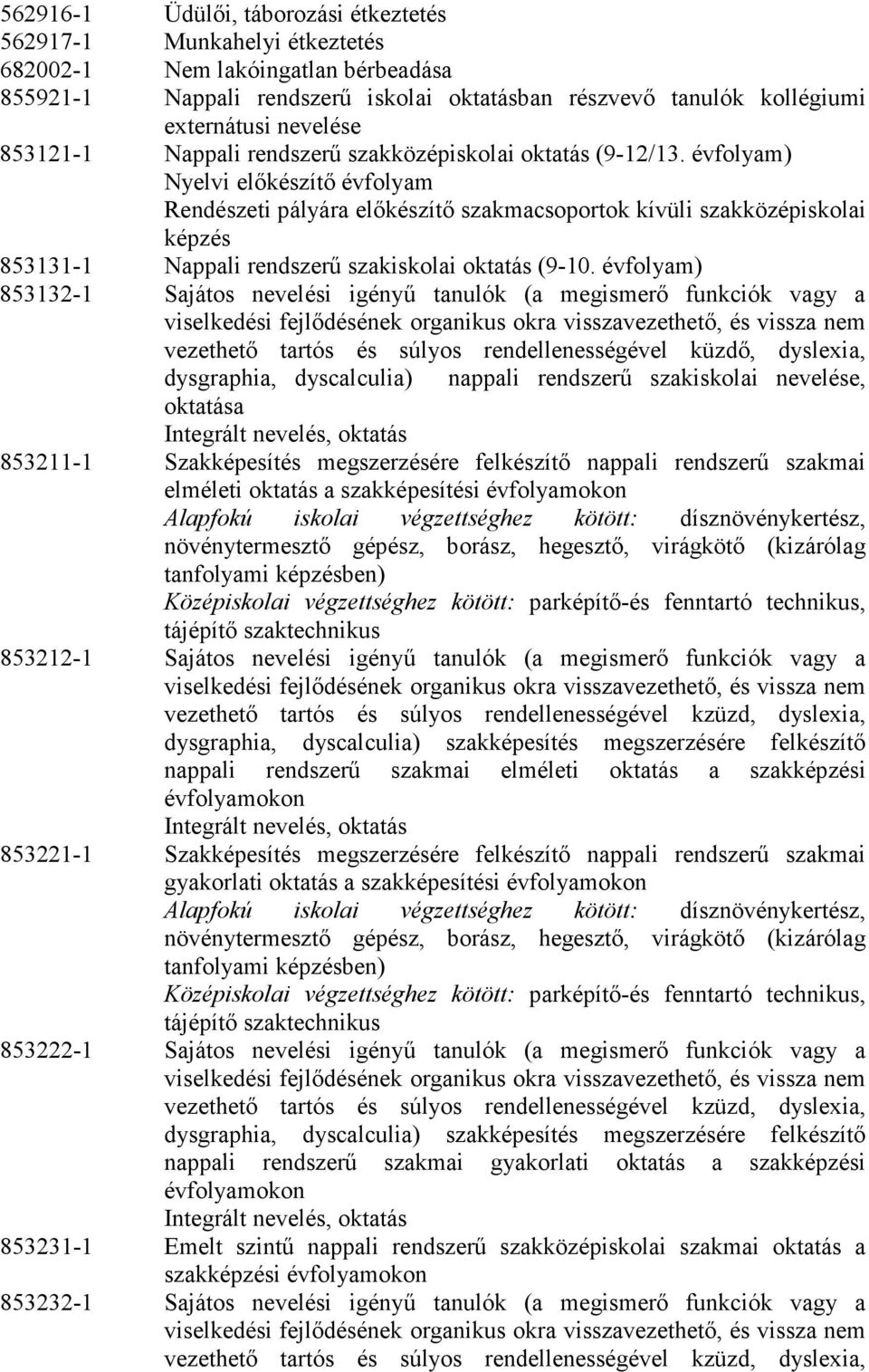 évfolyam) Nyelvi előkészítő évfolyam Rendészeti pályára előkészítő szakmacsoportok kívüli szakközépiskolai képzés 853131-1 Nappali rendszerű szakiskolai oktatás (9-10.