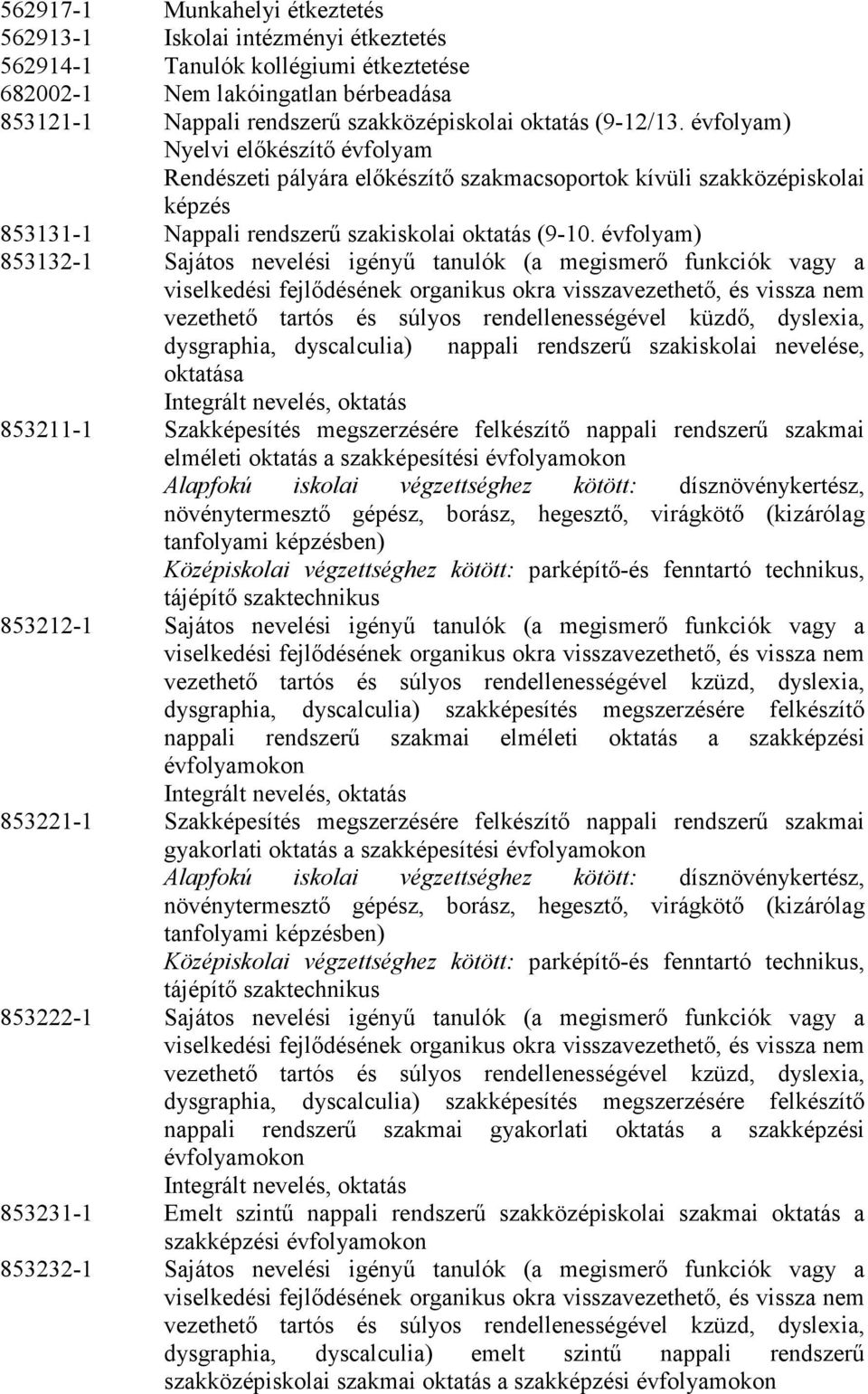 évfolyam) 853132-1 Sajátos nevelési igényű tanulók (a megismerő funkciók vagy a vezethető tartós és súlyos rendellenességével küzdő, dyslexia, dysgraphia, dyscalculia) nappali rendszerű szakiskolai