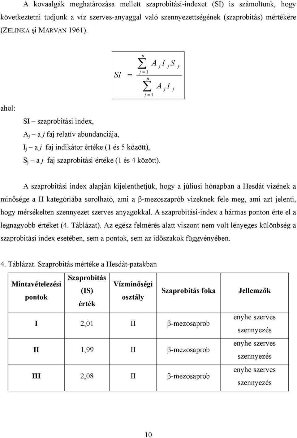 A szaprobitási index alapján kijelenthetjük, hogy a júliusi hónapban a Hesdát vizének a minősége a II kategóriába sorolható, ami a β-mezoszaprób vizeknek fele meg, ami azt jelenti, hogy mérsékelten