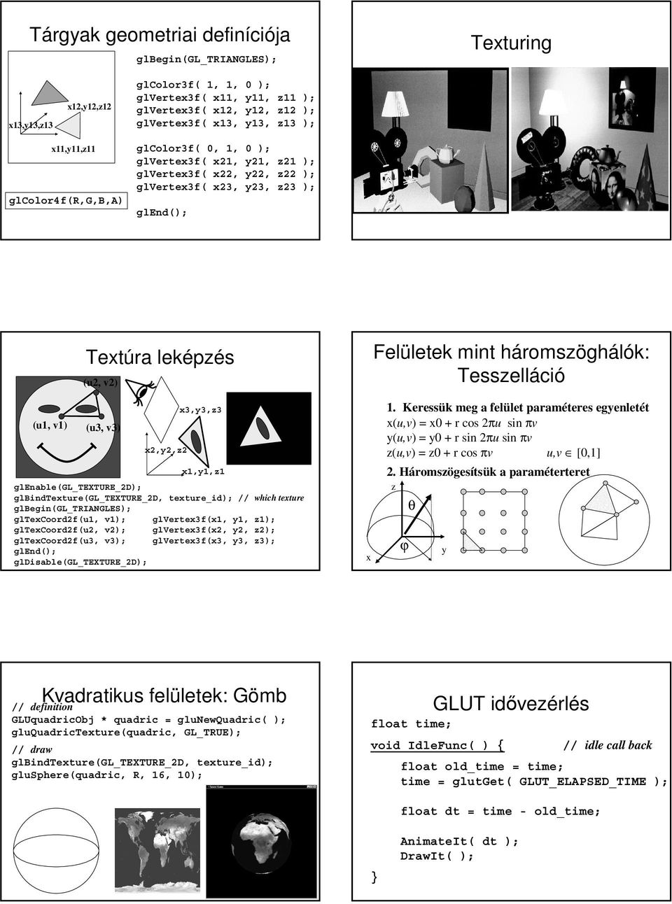 x2,y2,z2 x3,y3,z3 x1,y1,z1 glenable(gl_texture_2d); glbindtexture(gl_texture_2d, texture_id); // which texture glbegin(gl_triangles); gltexcoord2f(u1, v1); glvertex3f(x1, y1, z1); gltexcoord2f(u2,