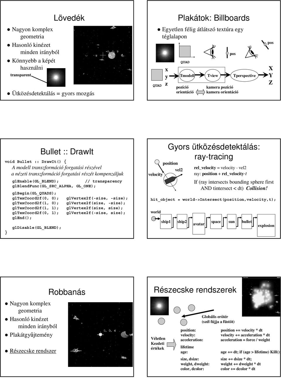 részével a nézeti transzformáció forgatási részét kompenzáljuk glenable(gl_blend); // transparency glblendfunc(gl_src_alpha, GL_ONE); glbegin(gl_quads); gltexcoord2f(0, 0); glvertex2f(-size, -size);