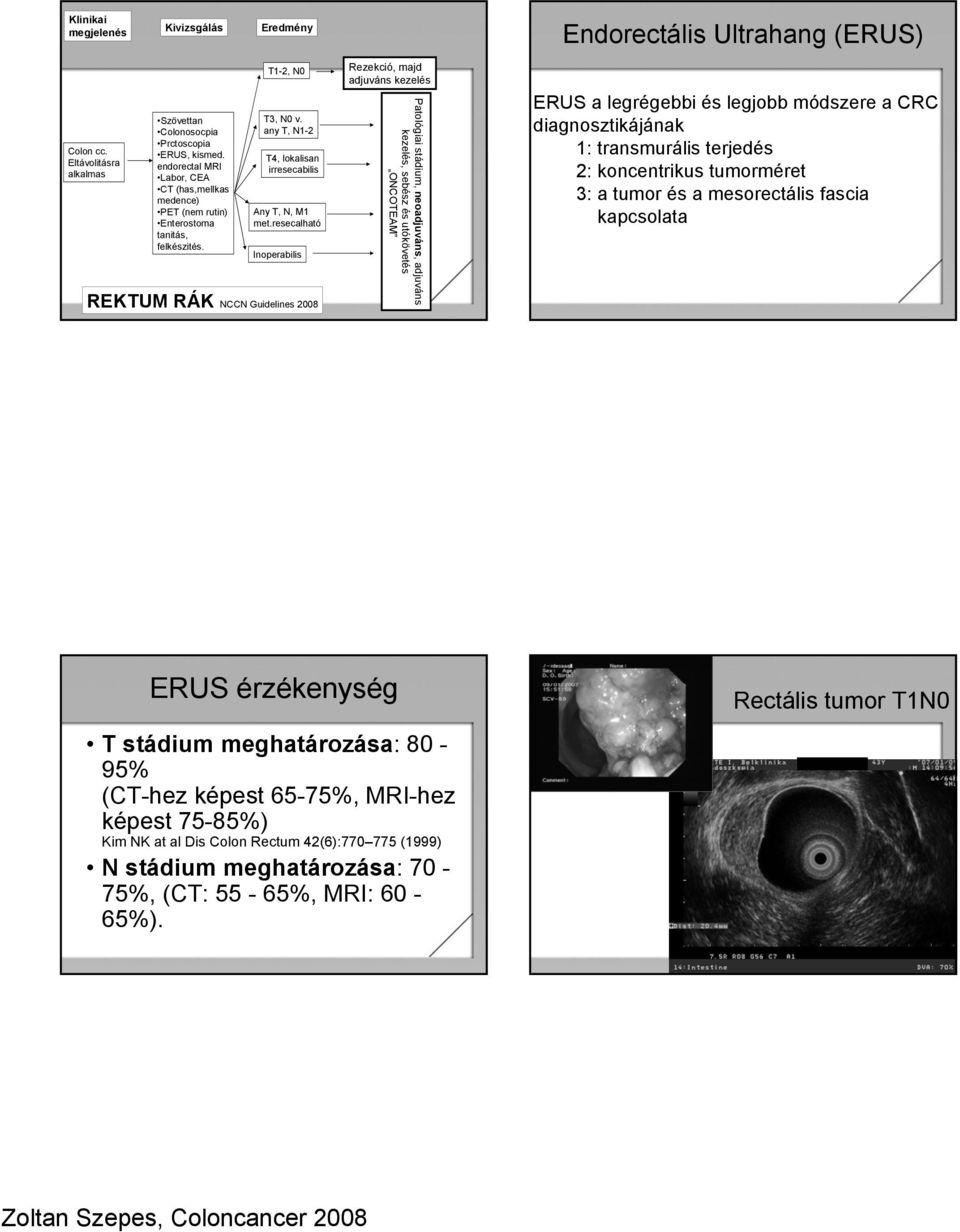 resecalható Inoperabilis REKTUM RÁK NCCN Guidelines 2008 Rezekció, majd adjuváns kezelés Patológiai stádium, neoadjuváns, adjuváns kezelés, sebész és utókövetés ONCOTEAM Endorectális Ultrahang (ERUS)