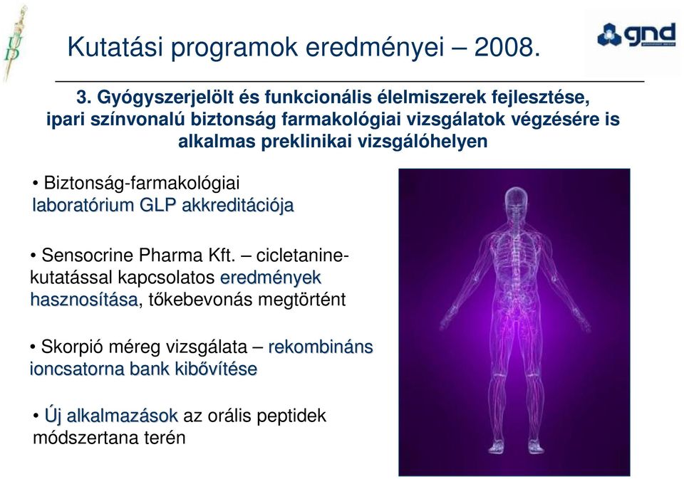 alkalmas preklinikai vizsgálóhelyen Biztonság-farmakológiai laboratórium rium GLP akkreditáci ciója Sensocrine Pharma Kft.