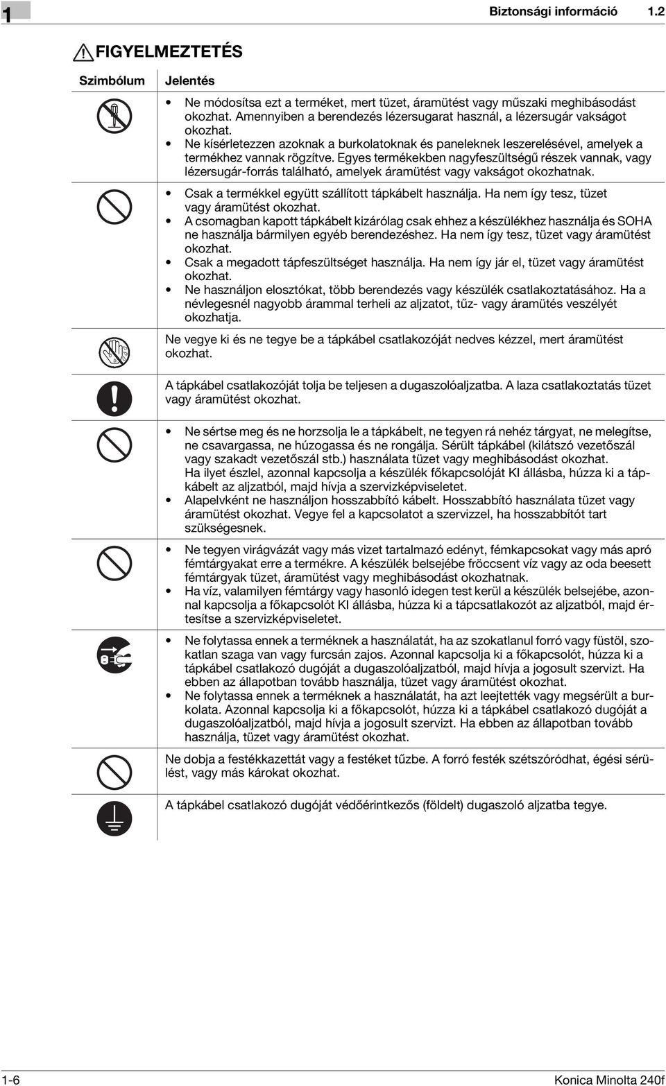 Egyes termékekben nagyfeszültségű részek vannak, vagy lézersugár-forrás található, amelyek áramütést vagy vakságot okozhatnak. Csak a termékkel együtt szállított tápkábelt használja.