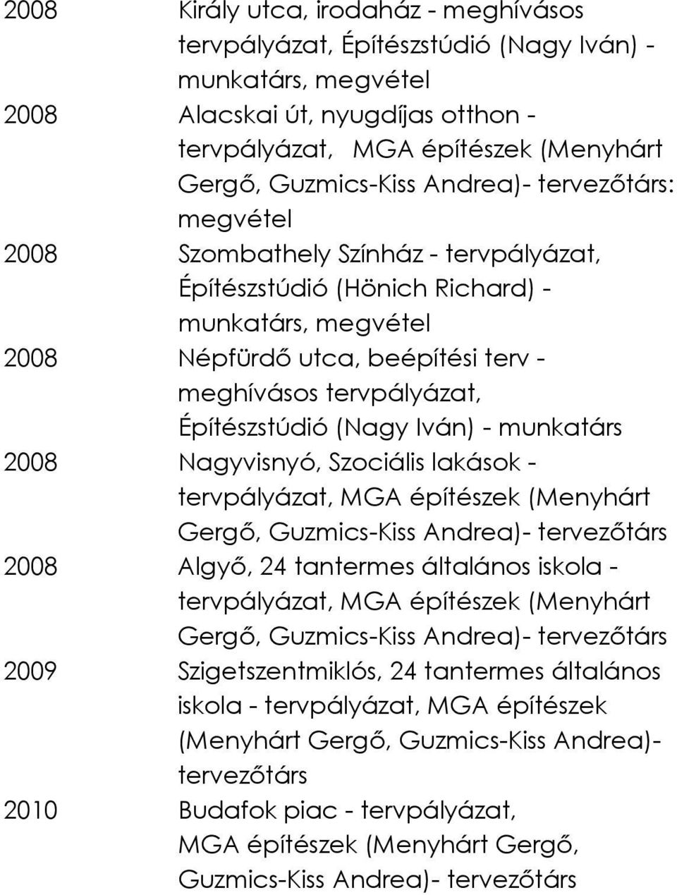 Építészstúdió (Nagy Iván) - munkatárs 2008 Nagyvisnyó, Szociális lakások - tervpályázat, MGA építészek (Menyhárt Gergő, Guzmics-Kiss Andrea)- tervezőtárs 2008 Algyő, 24 tantermes általános iskola -