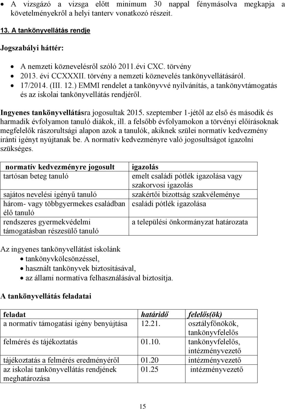 ) EMMI rendelet a tankönyvvé nyilvánítás, a tankönyvtámogatás és az iskolai tankönyvellátás rendjéről. Ingyenes tankönyvellátásra jogosultak 2015.