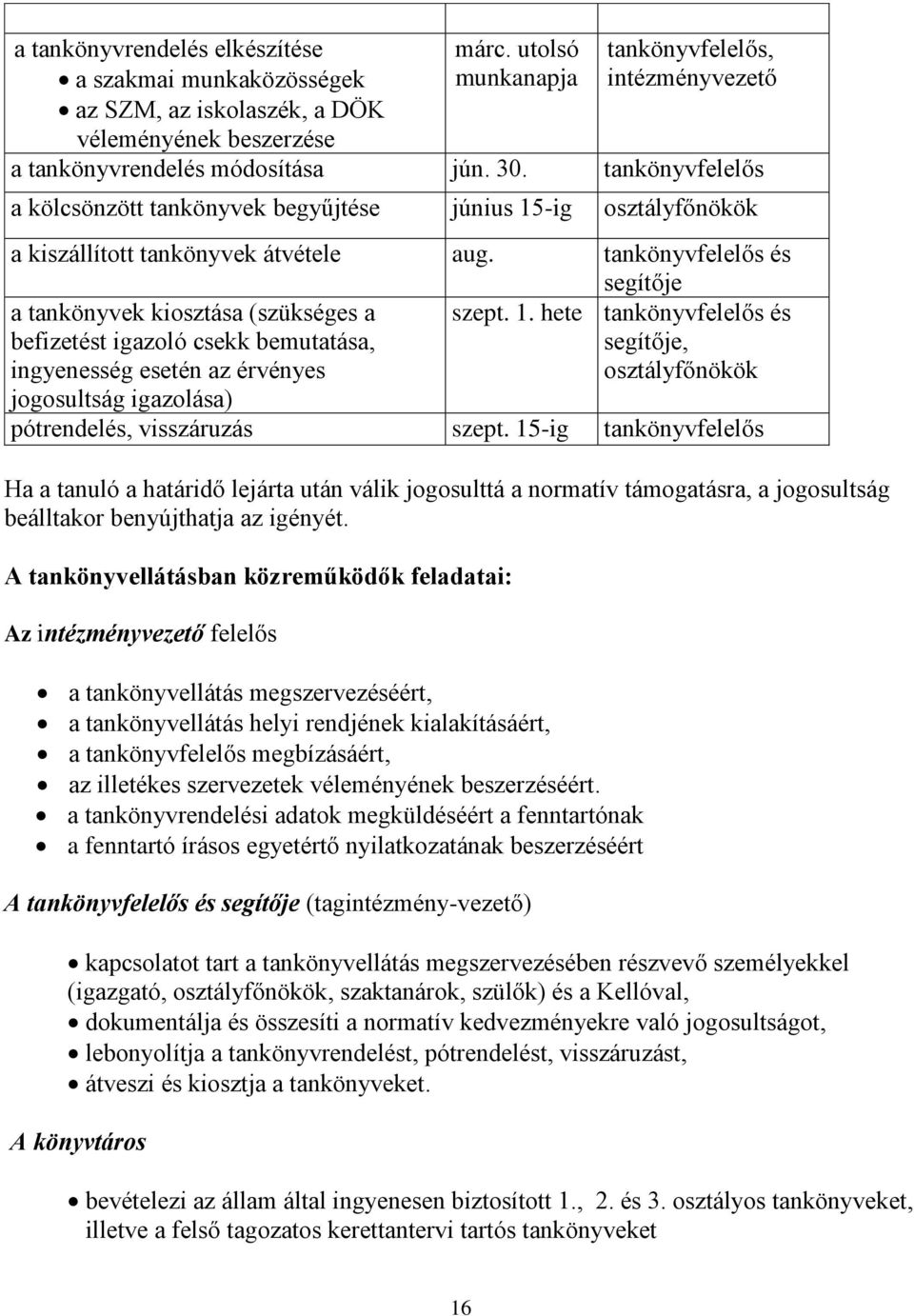 tankönyvfelelős a kölcsönzött tankönyvek begyűjtése június 15-ig osztályfőnökök a kiszállított tankönyvek átvétele aug.