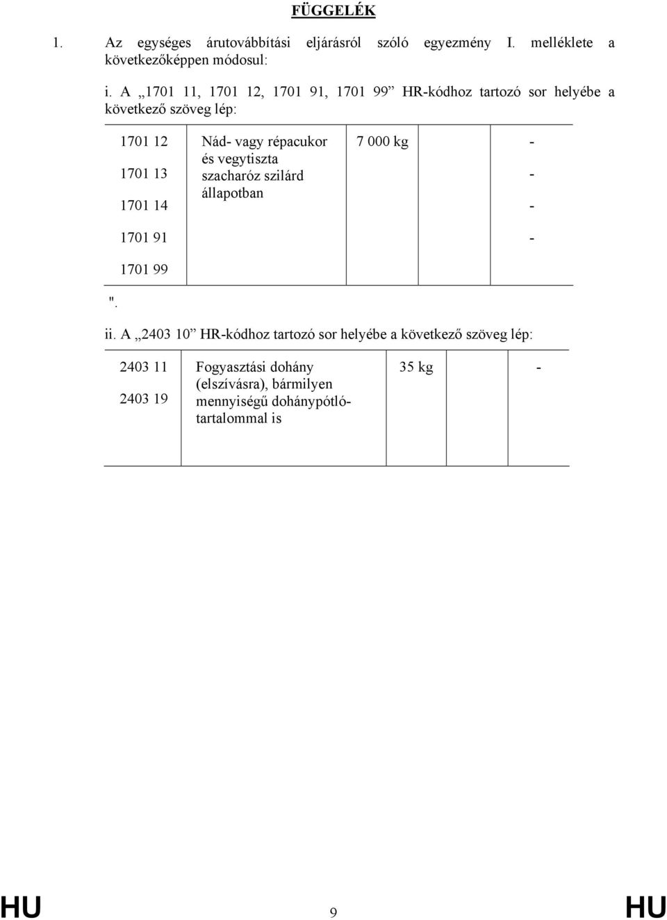 1701 99 Nád- vagy répacukor és vegytiszta szacharóz szilárd állapotban 7 000 kg - - - - ". ii.