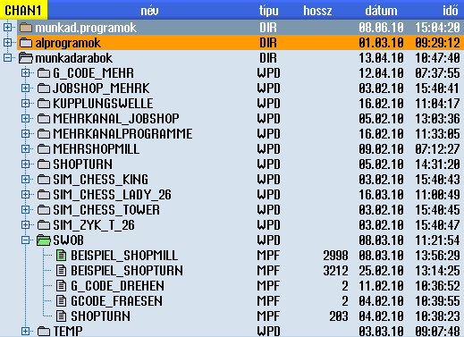 Programokat kezelni 11.1 Áttekintés Kép 11-2 Zölddel ábrázolt aktív program 11.1.1 NC-tároló Kijelzésre kerül a teljes NC-munkatároló az összes munkadarabbal, továbbá fő- és alprogramokkal.