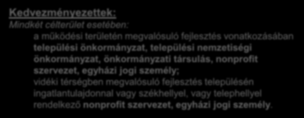 Helyi termékértékesítést szolgáló piacok infrastrukturális fejlesztése, közétkeztetés fejlesztése Kedvezményezettek: Mindkét célterület esetében: a működési területén megvalósuló fejlesztés