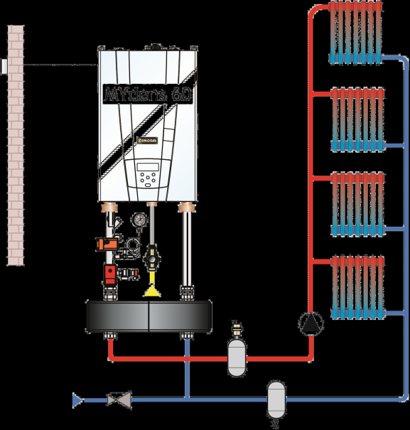 07 Fűtési rendszer melegvíz temelés nélkül Az alábbi rendszer alkotóelemei: gázüzemű kondenzációs készülék MYdens C egy direkt (radiátoros) fűtőkör Hidraulikus váltó időjárásfüggő