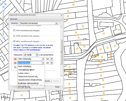 HÉSZ attribútumok alapján: a vektorizált övezeti tervekhez tartozó HÉSZ előírások szerinti szűrést teszi lehetővé (pl.