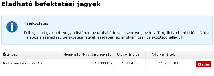 - 65 - Milyen információkat látok az eladható befektetési jegyekről? Értékpapír: A befektetési jegy megnevezése.