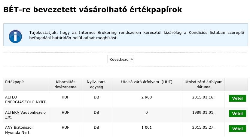 Amennyiben a vételt a bal oldali menüből kezdeményezi, megjelennek a BÉTen vásárolható értékpapírok, és róluk a legfontosabb információk. Értékpapír: Az értékpapír megnevezése.