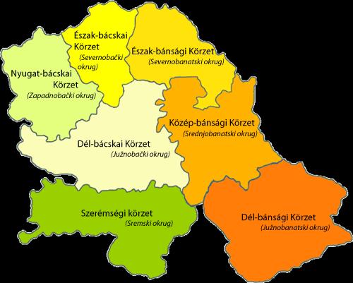 329 km² területű Észak- Bánát (50 településsel és 6 községgel), a 3.256 km² területű Közép-Bánát (55 településsel és 5 községgel), a 4.245 km² területű Dél-Bánát( 94 településsel és 8 községgel); a 4.