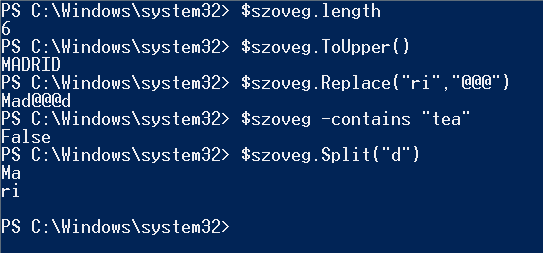 Fontosabb szöveg metódusok Parancs Length ToUpper Replace Contains Split