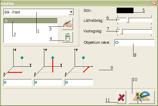 4.4. Adatlap A fő ablak, vagy a szerkesztés ablak az egér jobb klikkje után, ill. a sík, vagy a tér eszköztár ikonjai klikkje után jelenik meg az adatlap.