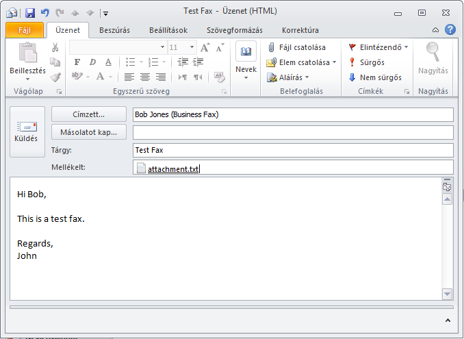 Képernyőfelvétel 6: Fax küldése a Microsoft Outlook programból Fontos megjegyzések: 1. Ez a továbbítási eljárás faxformátumba (*.fax) alakítja a faxüzeneteket a GFI FaxMaker kiszolgálón.