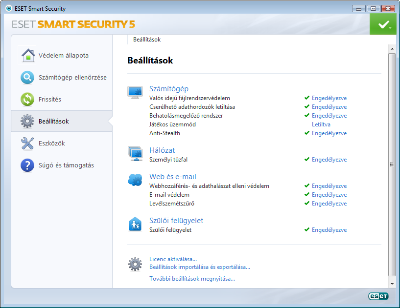 4. Az ESET Smart Security használata Az ESET Smart Security beállításai lehetővé teszik a számítógépek és hálózatok védelmi szintjének megadását.