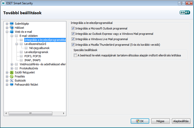 Ha az integrálás nem is engedélyezett, az e-mail kommunikáció védelmét biztosítja az e-mail védelem modul (POP3,