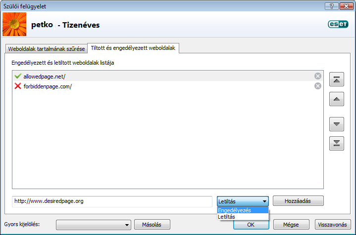 4.4.2 Tiltott és engedélyezett weboldalak Az engedélyezett weboldalak listája a bal oldalon, a tiltott weboldalak listája pedig a jobb oldalon látható.