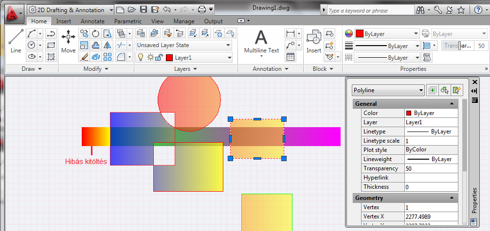 58 AZ AUTOCAD LT 2012 ALAPJAI Például az 1-23. ábrán az alsó, leghosszabb és legkeskenyebb négyszög feletti rajzelemek átlátszóság tulajdonságát beállítottuk 30-50%-ra.