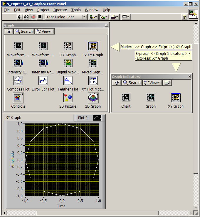 9.58. ábra Express XY Graph kijelző a példa VI előlapja A Front Panelen elhelyezett Express XY Graph tulajdonképpen egy Build XY Graph Express VI-hoz (9.59.