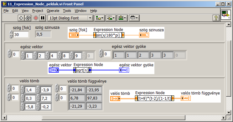 Az Expression Node-ban használható függvények megegyeznek a Formula Nodeban használhatókkal: abs, acos, acosh, asin, asinh, atan, atanh, ceil, cos, cosh, cot, csc, exp, expm1, floor, getexp, getman,